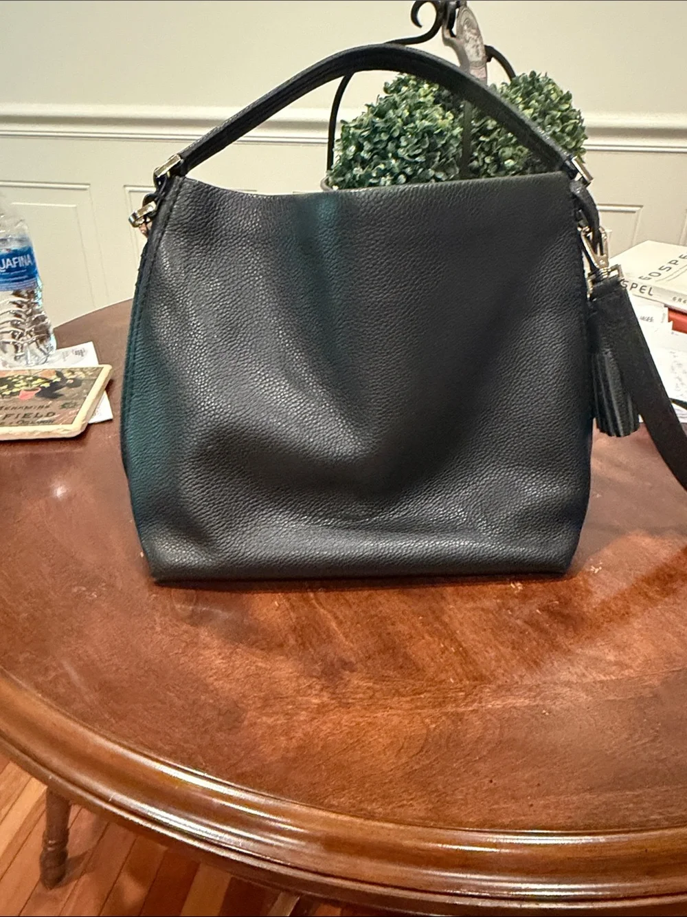 kate spade black pebbled leather shoulder hobo with tassel